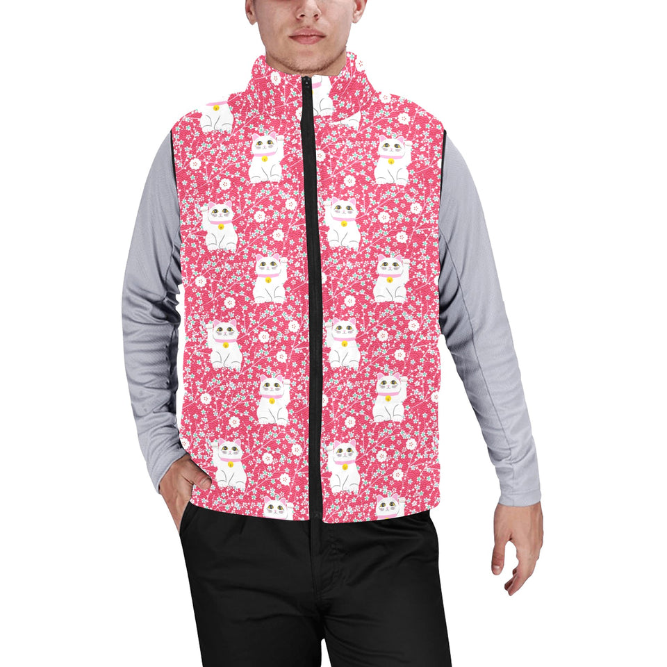 Maneki neko cat sakura pink background Men's Padded Vest