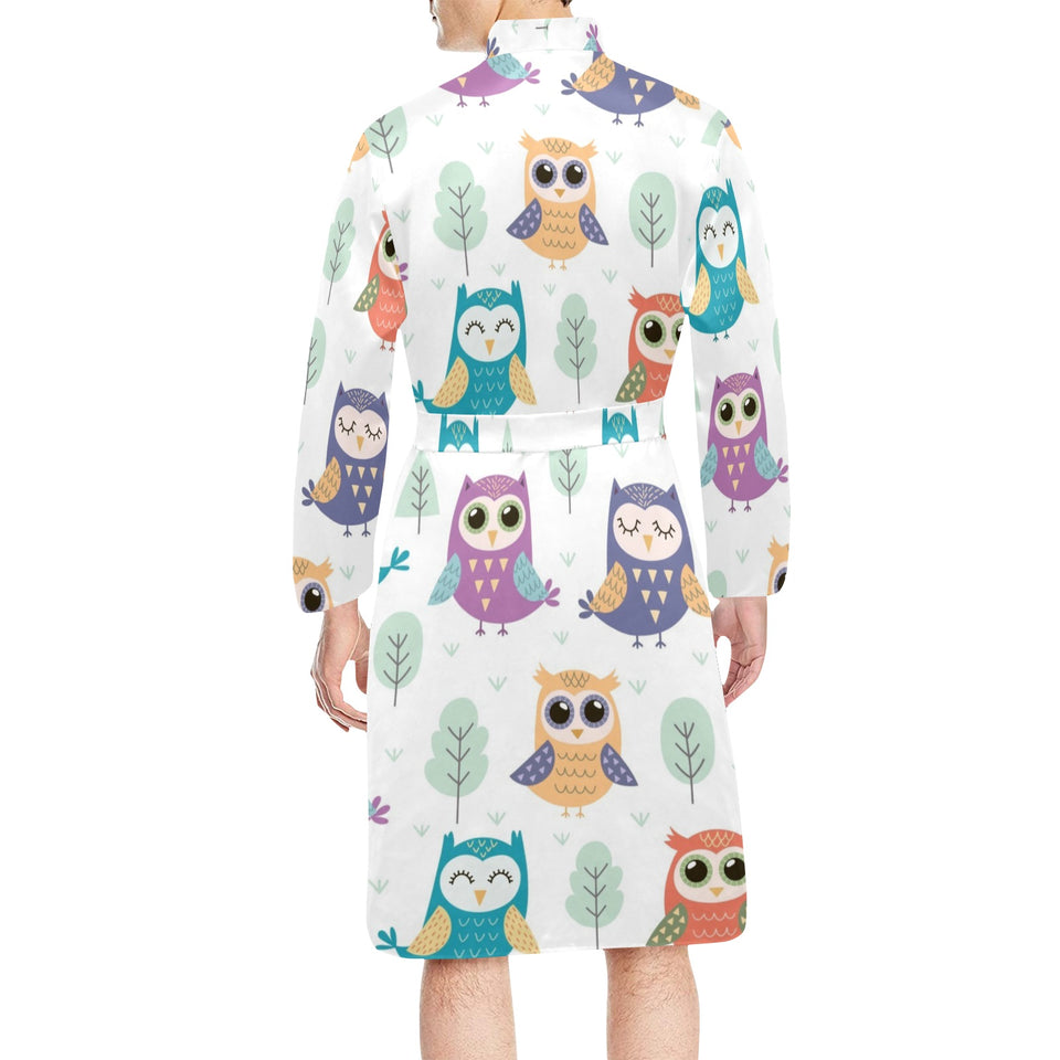 Cute owl pattern Men's Long Sleeve Belted Night Robe