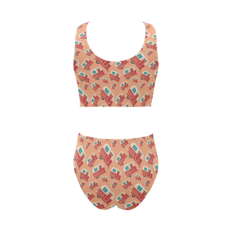 Camper Van Pattern Print Design 03 Chest Bowknot High Waisted Bikini Swimsuit