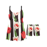 red and white tulips pattern Chest Sexy Pleated Two Piece Swim Dress