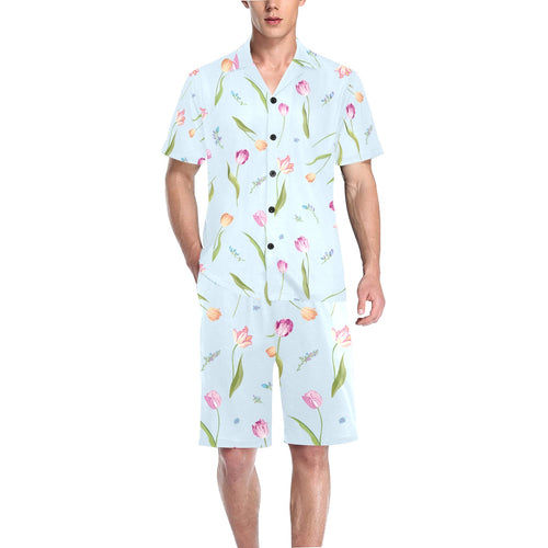 Watercolor Tulips pattern Men's V-Neck Short Pajama Set