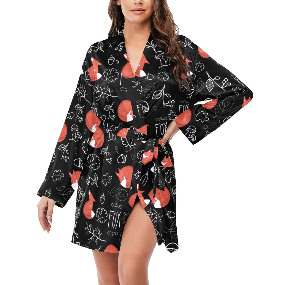 fox sleeping fox pattern Women's Long Sleeve Belted Night Robe