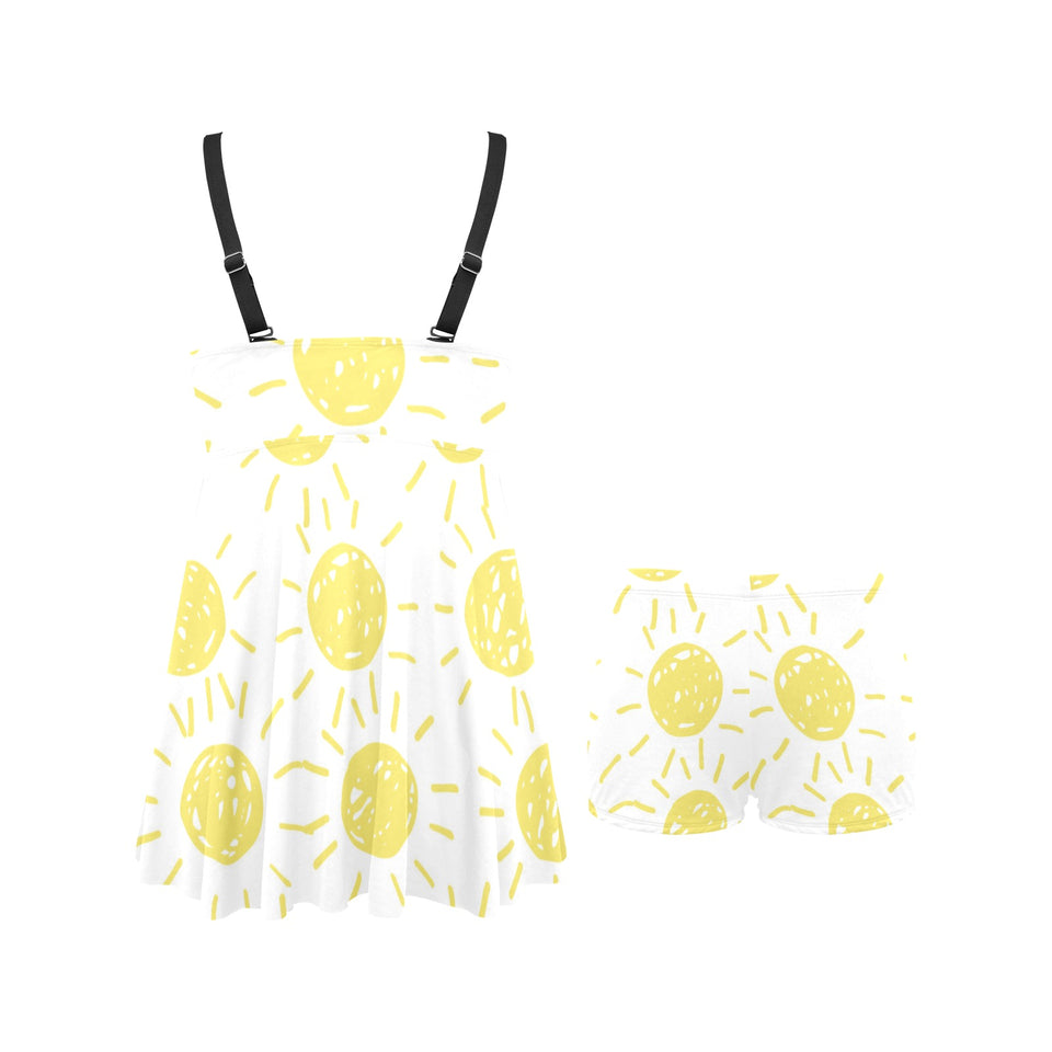 hand drawn sun pattern Chest Sexy Pleated Two Piece Swim Dress