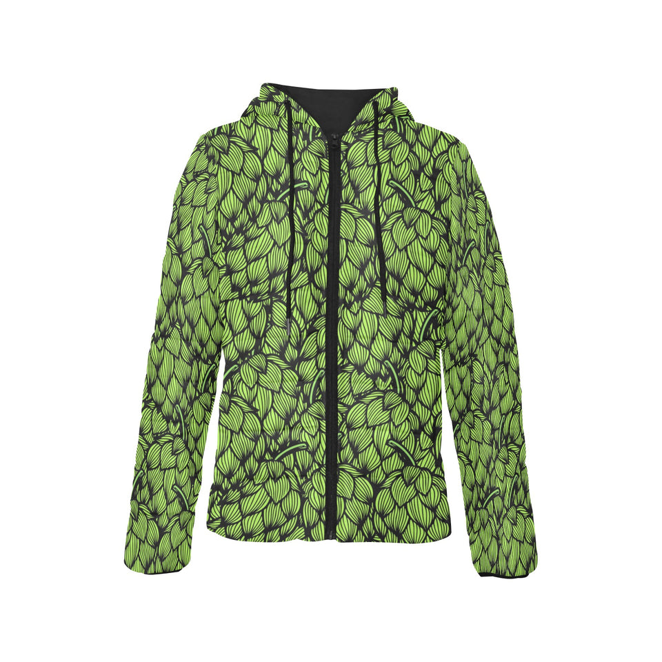 Green hop pattern Women's Padded Hooded Jacket