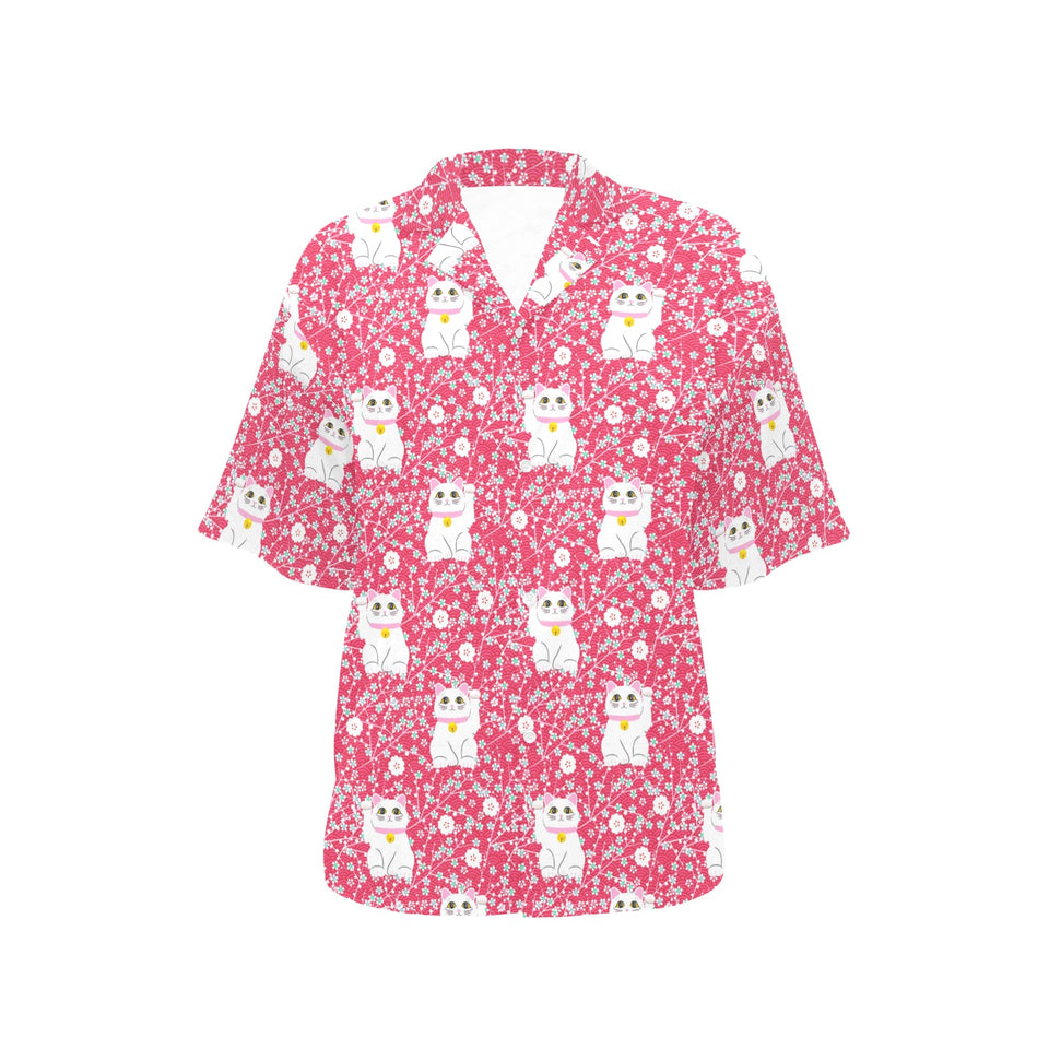 Maneki neko cat sakura pink background Women's All Over Print Hawaiian Shirt