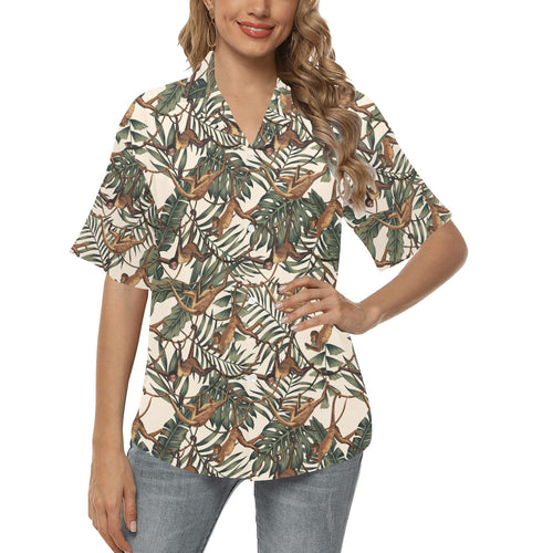 Monkey tropical leaves background Women's All Over Print Hawaiian Shirt