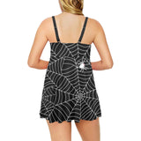Spider web design pattern Black background white c Chest Sexy Pleated Two Piece Swim Dress
