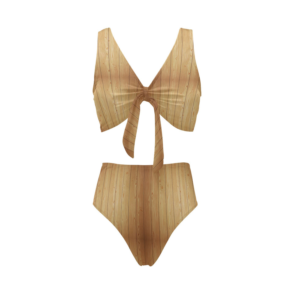 Wood Printed Pattern Print Design 05 Chest Bowknot High Waisted Bikini Swimsuit