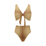 Wood Printed Pattern Print Design 05 Chest Bowknot High Waisted Bikini Swimsuit