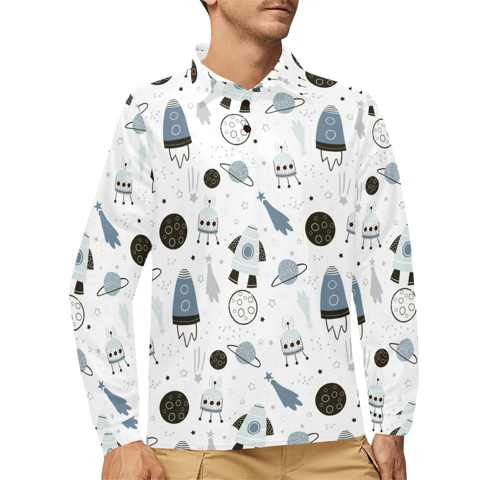 Hand drawn space elements space rocket star planet Men's Long Sleeve Polo Shirt