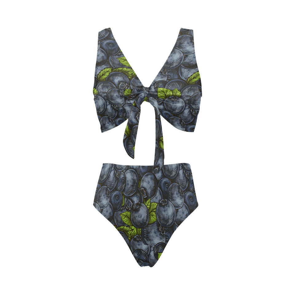 blueberry pattern Chest Bowknot High Waisted Bikini Swimsuit