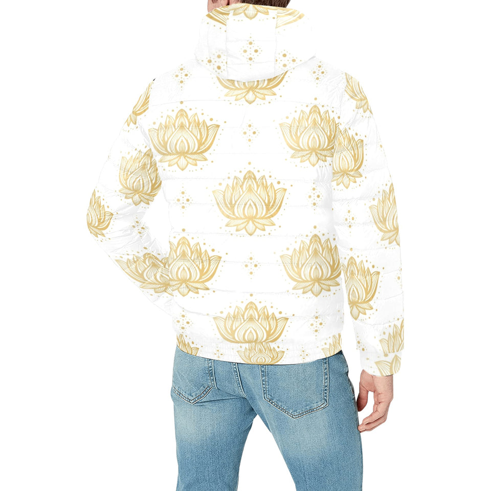 Gold Ornamental lotue waterlily symbol pattern Men's Padded Hooded Jacket