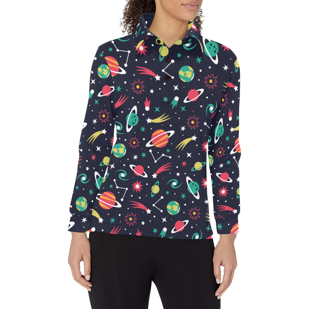 colorful space pattern planet star Women's Long Sleeve Polo Shirt