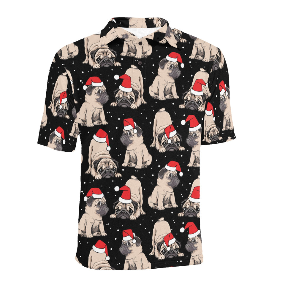 Christmas Pugs Santa_s red cap pattern Men's All Over Print Polo Shirt