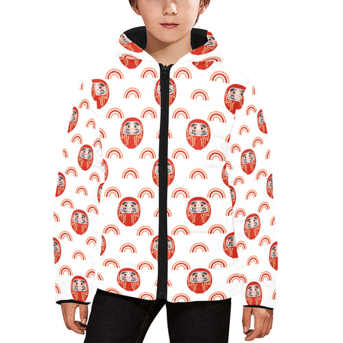 Daruma japanese wooden doll design pattern Kids' Boys' Girls' Padded Hooded Jacket