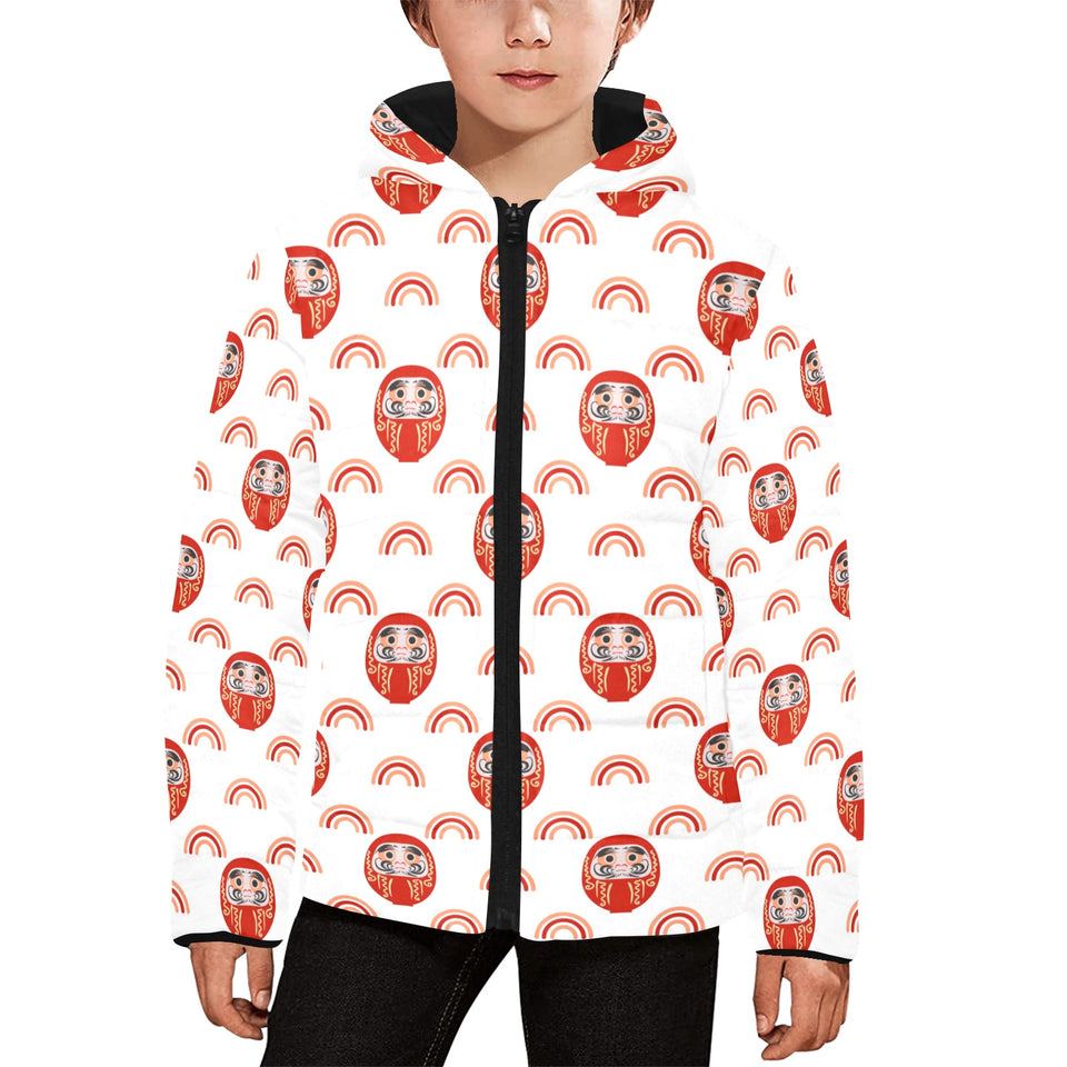 Daruma japanese wooden doll design pattern Kids' Boys' Girls' Padded Hooded Jacket