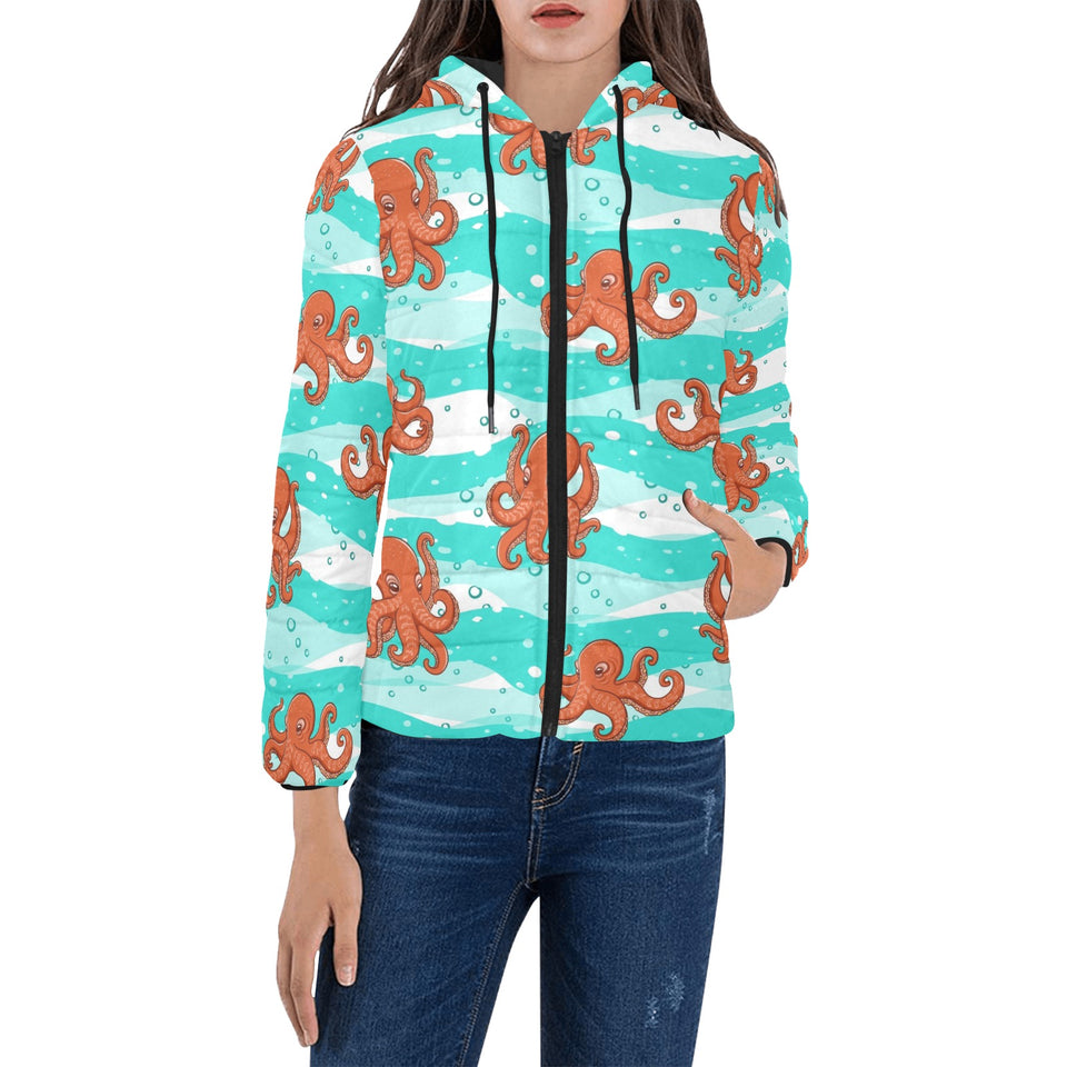 Octopuses sea wave background Women's Padded Hooded Jacket