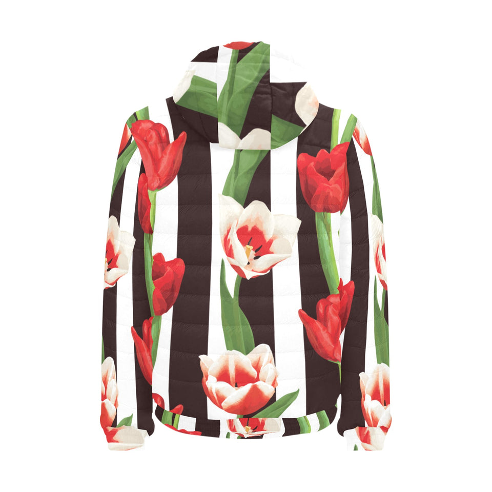 red and white tulips pattern Men's Padded Hooded Jacket