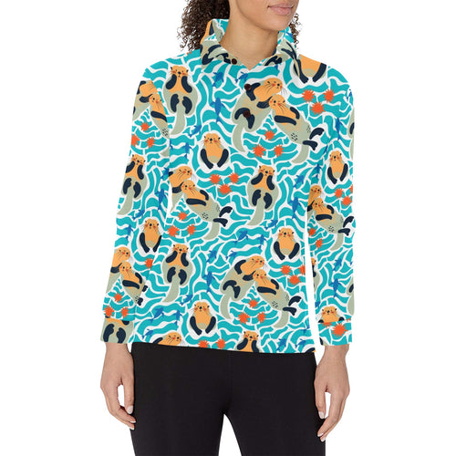 Cute sea otters fishe sea urchin pattern Women's Long Sleeve Polo Shirt