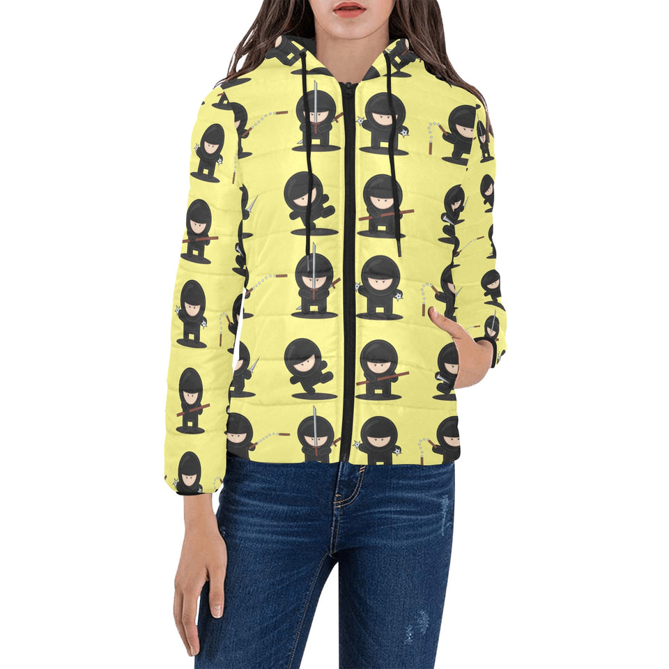 Cute ninja yellow background Women's Padded Hooded Jacket