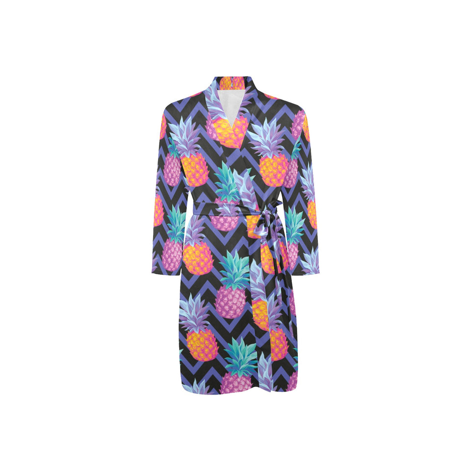 Pineapples pattern zigzag background Men's Long Sleeve Belted Night Robe