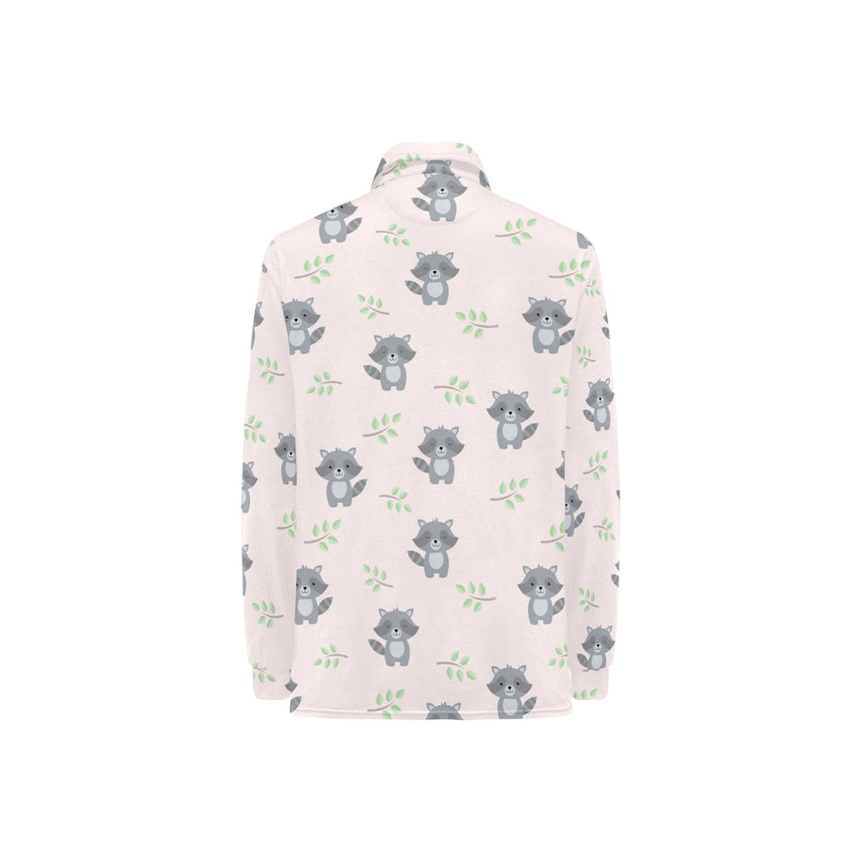 cute raccoons leaves pattern Women's Long Sleeve Polo Shirt