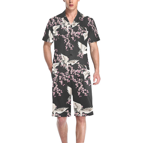 Japanese crane pink sakura pattern Men's V-Neck Short Pajama Set