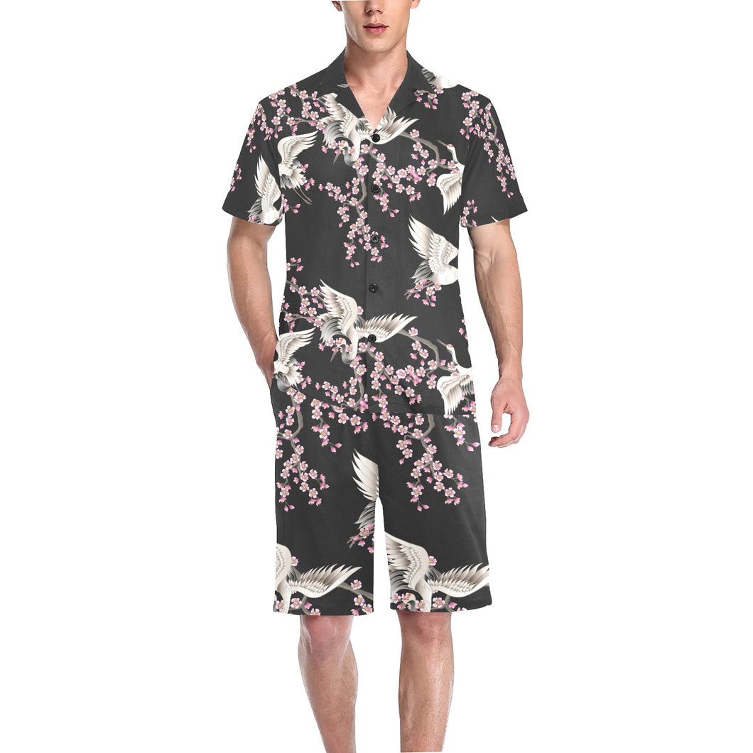 Japanese crane pink sakura pattern Men's V-Neck Short Pajama Set