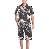 Japanese crane pink sakura pattern Men's V-Neck Short Pajama Set