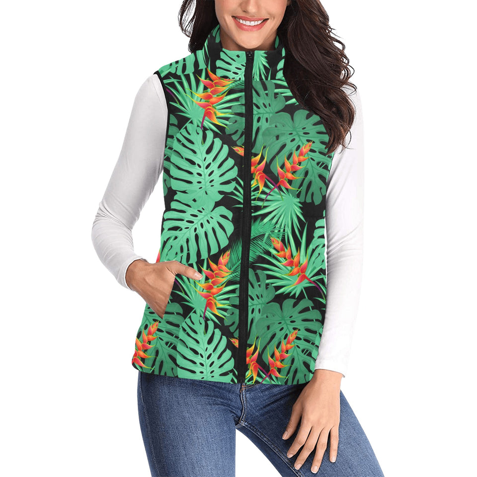 heliconia flower palm monstera leaves black backgr Women's Padded Vest