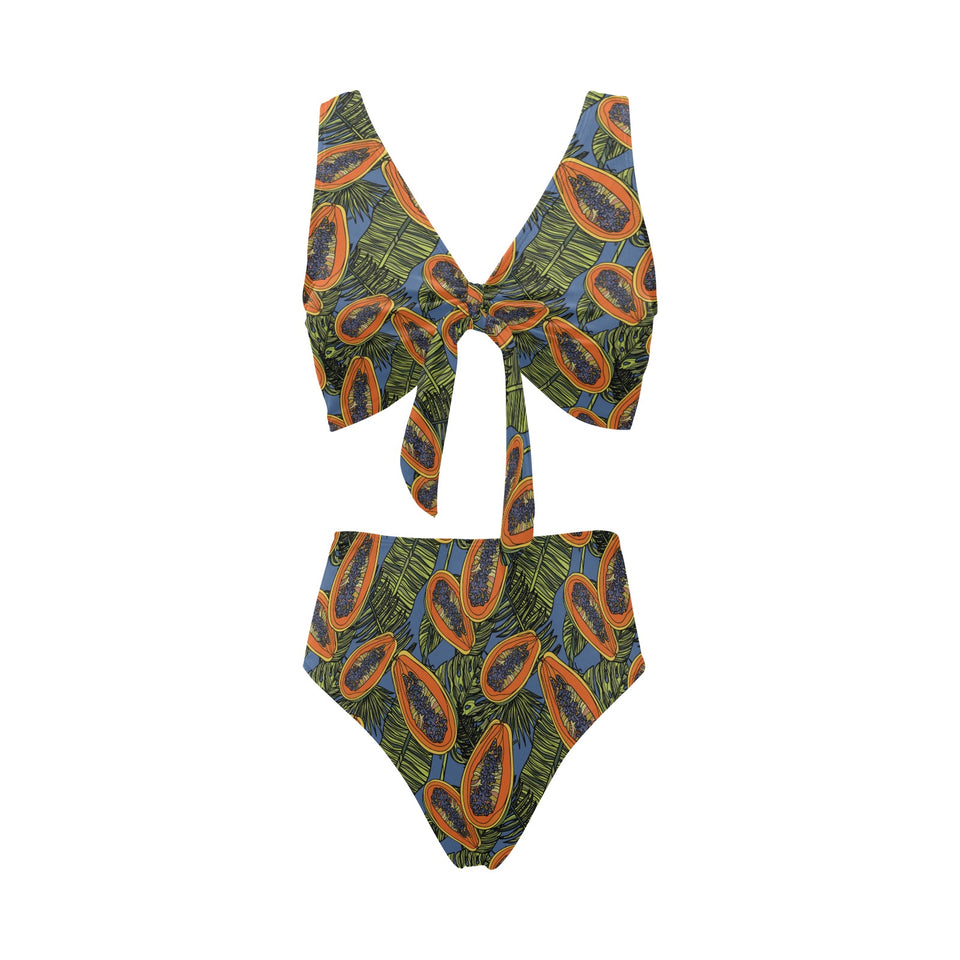 Colorful papaya tropical leaves Chest Bowknot High Waisted Bikini Swimsuit