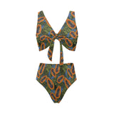 Colorful papaya tropical leaves Chest Bowknot High Waisted Bikini Swimsuit