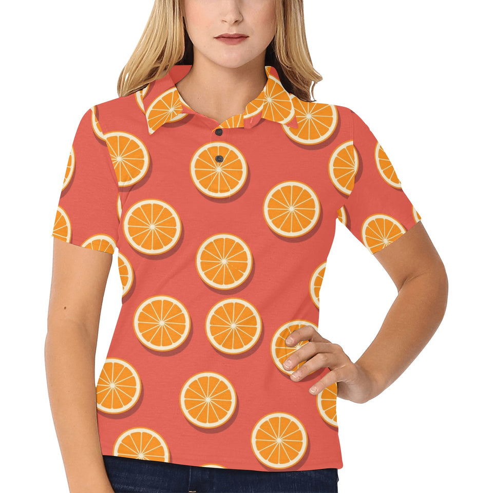 Oranges pattern red background Women's All Over Print Polo Shirt