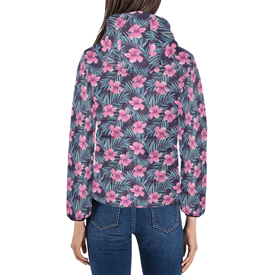 Hibiscus Pattern Print Design 05 Women's Padded Hooded Jacket