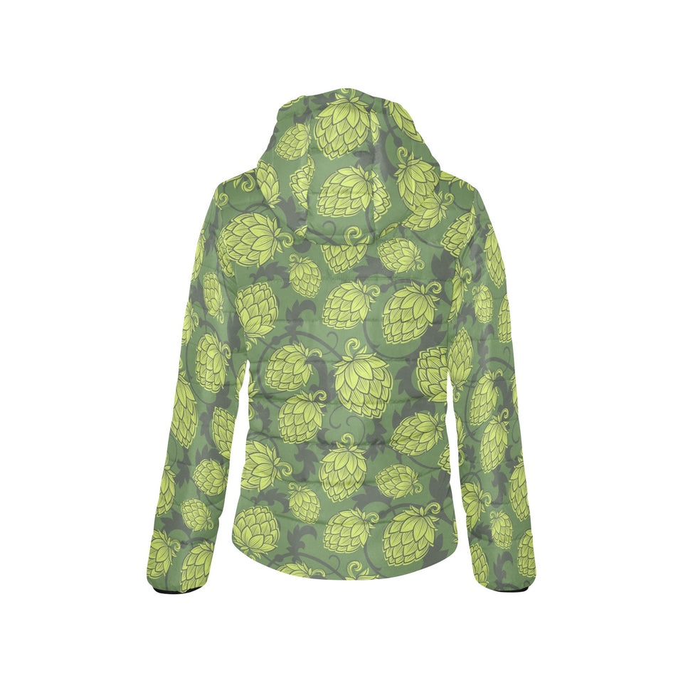 Hop pattern Hop cone background Women's Padded Hooded Jacket