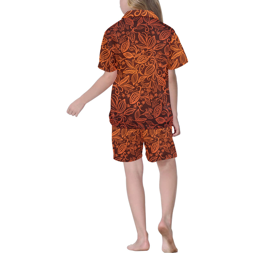 cacao beans tribal polynesian pattern Kids' Boys' Girls' V-Neck Short Pajama Set