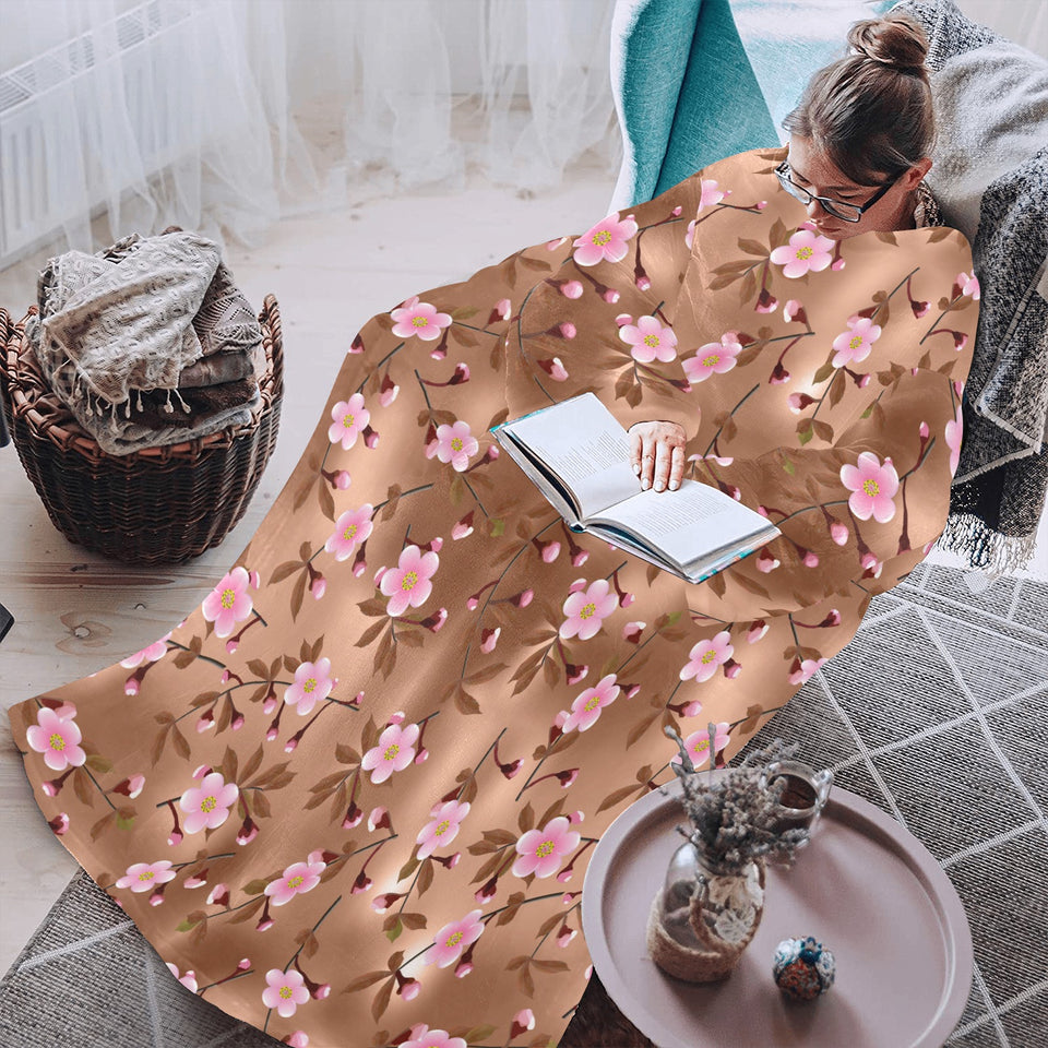 Pink sakura cherry blossom drak brown background Blanket Robe with Sleeves