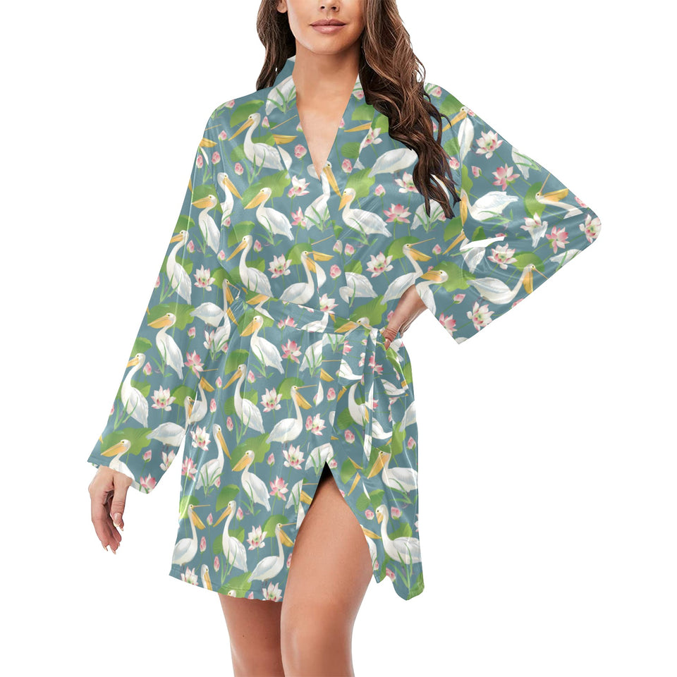 Pelican Pattern Print Design 04 Women's Long Sleeve Belted Night Robe