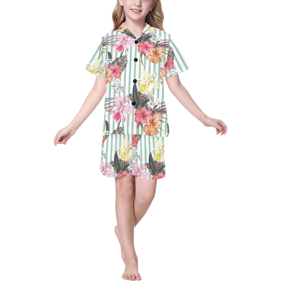 Colorful orchid flower pattern Kids' Boys' Girls' V-Neck Short Pajama Set