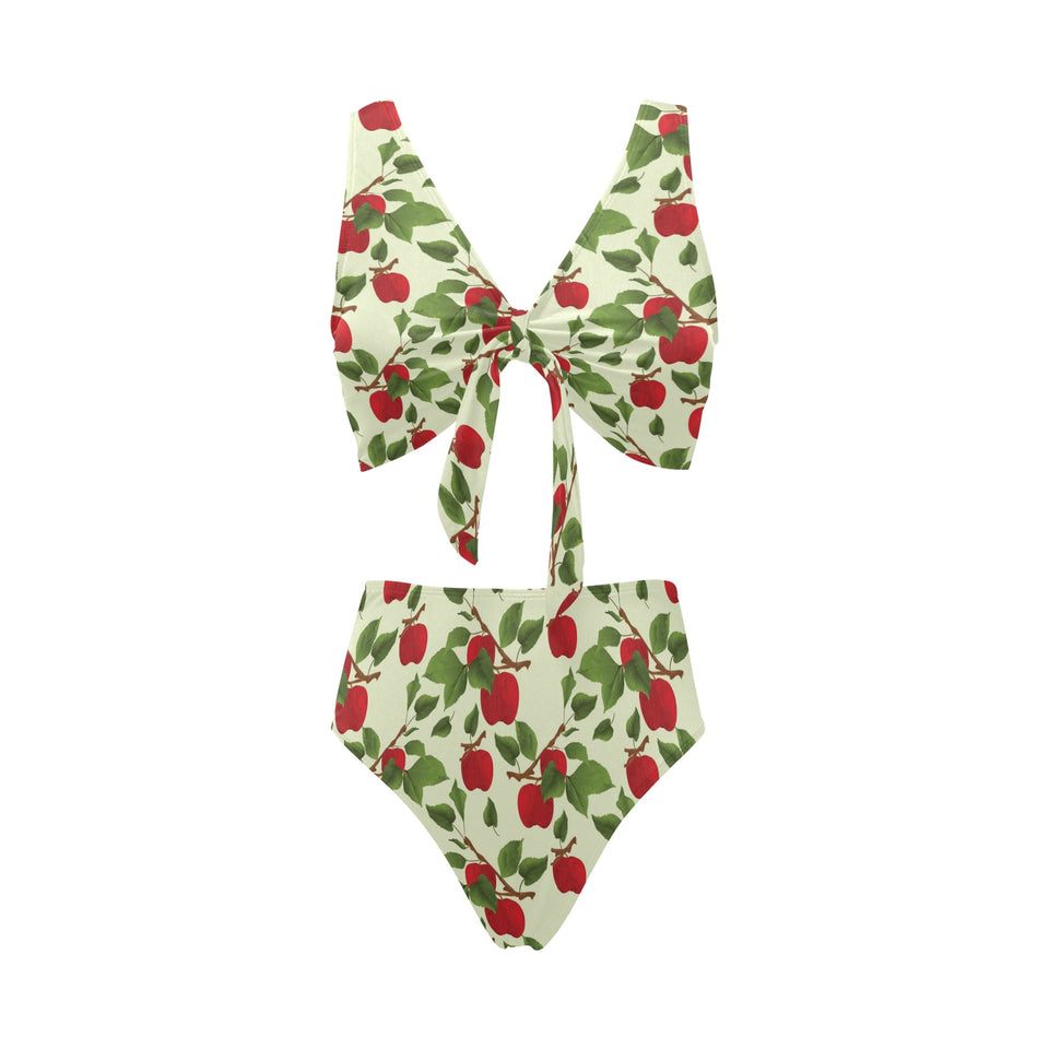 Red apples leaves pattern Chest Bowknot High Waisted Bikini Swimsuit