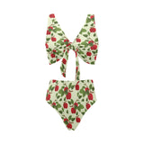 Red apples leaves pattern Chest Bowknot High Waisted Bikini Swimsuit