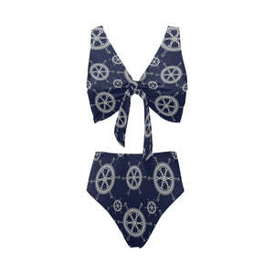 nautical steering wheel design pattern Chest Bowknot High Waisted Bikini Swimsuit