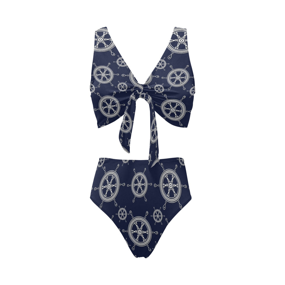 nautical steering wheel design pattern Chest Bowknot High Waisted Bikini Swimsuit
