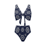 nautical steering wheel design pattern Chest Bowknot High Waisted Bikini Swimsuit