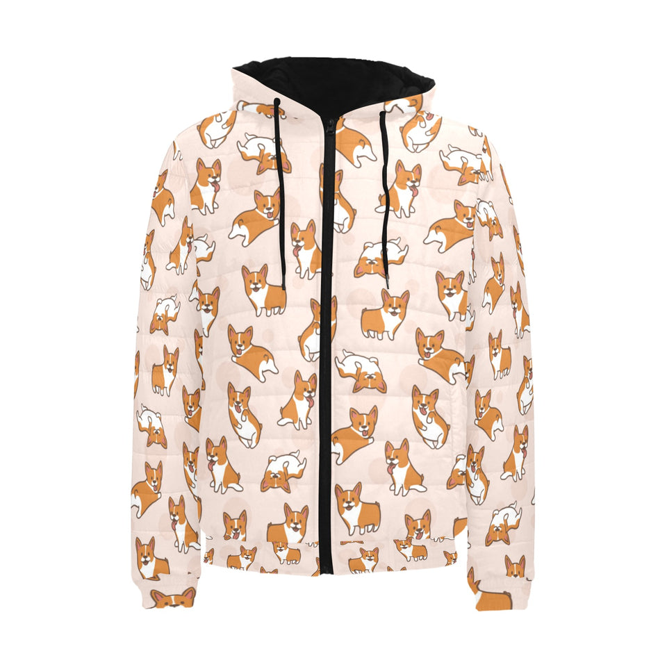 Cute Corgis Pattern pink background Men's Padded Hooded Jacket