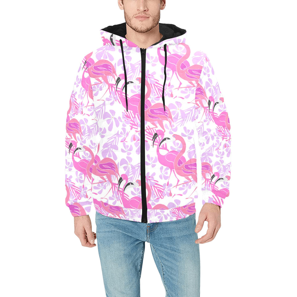 Pink flamingo flower pattern Men's Padded Hooded Jacket