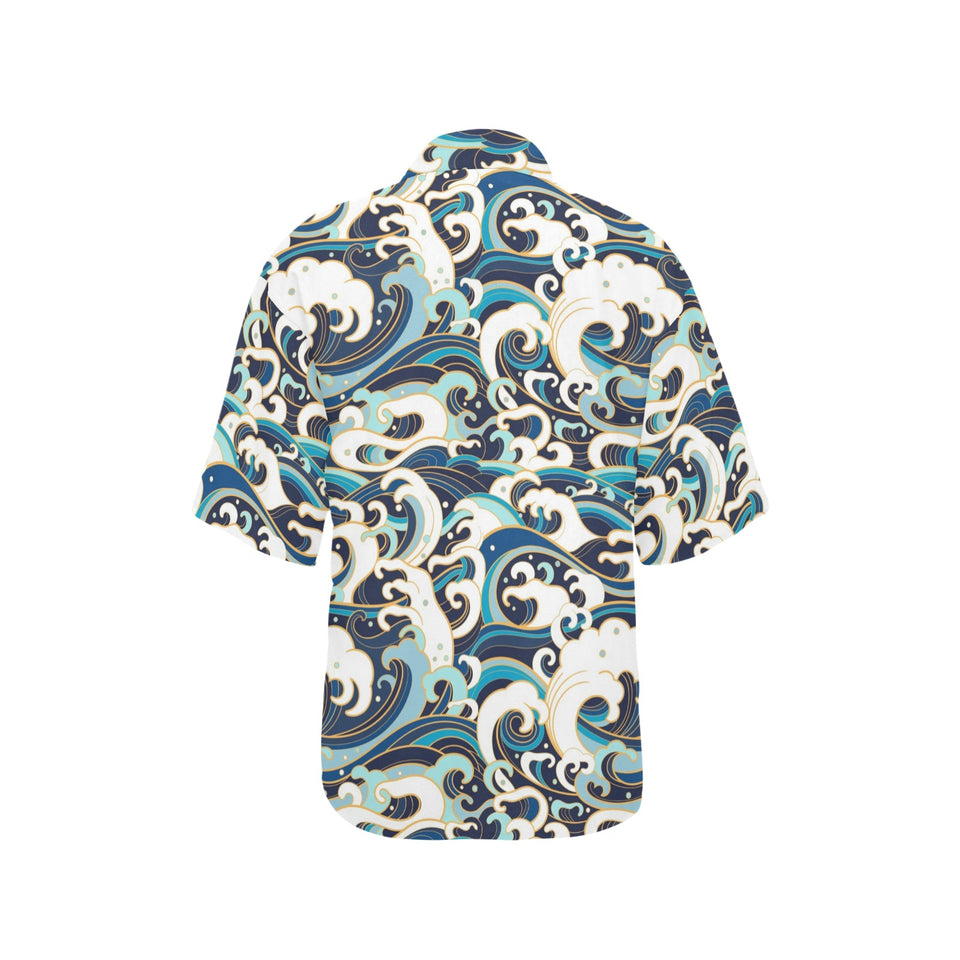 Japanese wave pattern Women's All Over Print Hawaiian Shirt