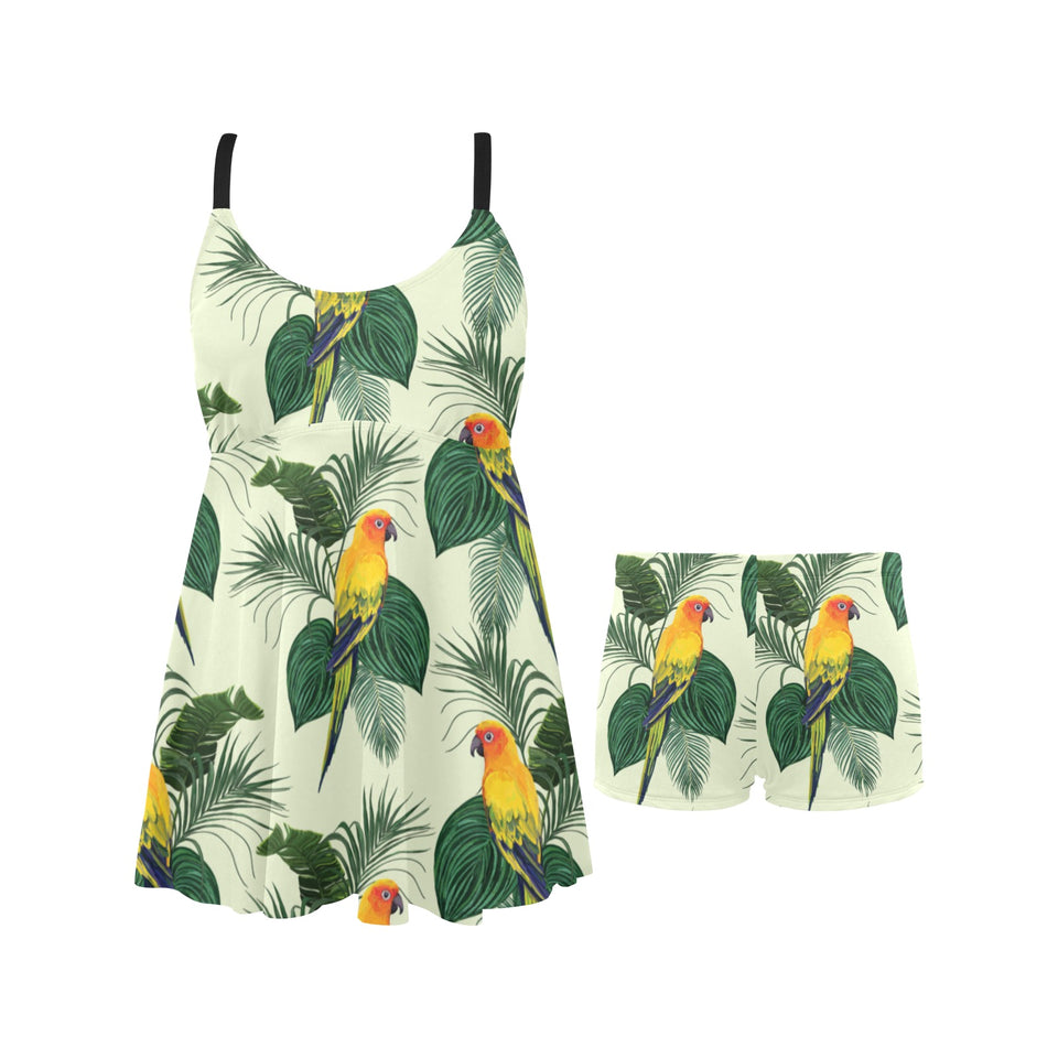 Beautiful parrot palm leaves pattern Chest Sexy Pleated Two Piece Swim Dress