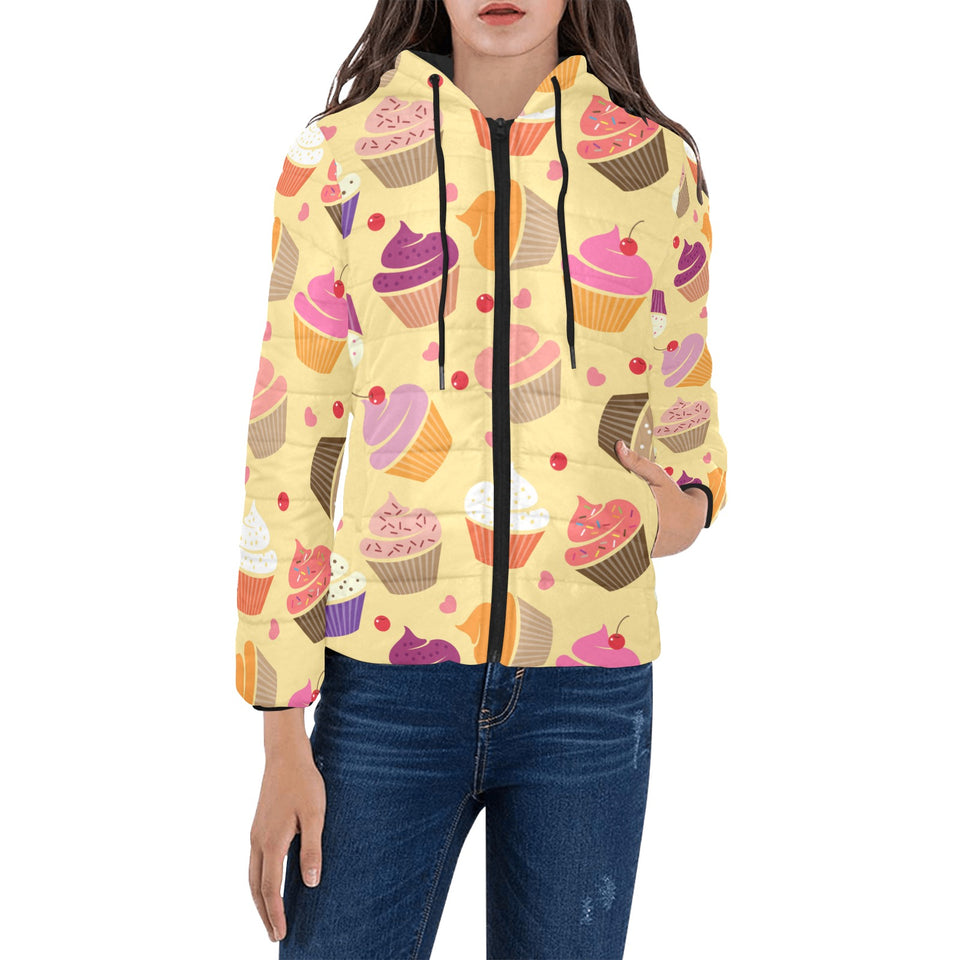 cake cupcake heart cherry pattern Women's Padded Hooded Jacket