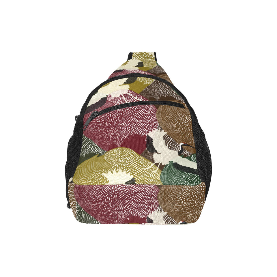 Japanese cranes flying forest dot pattern All Over Print Chest Bag